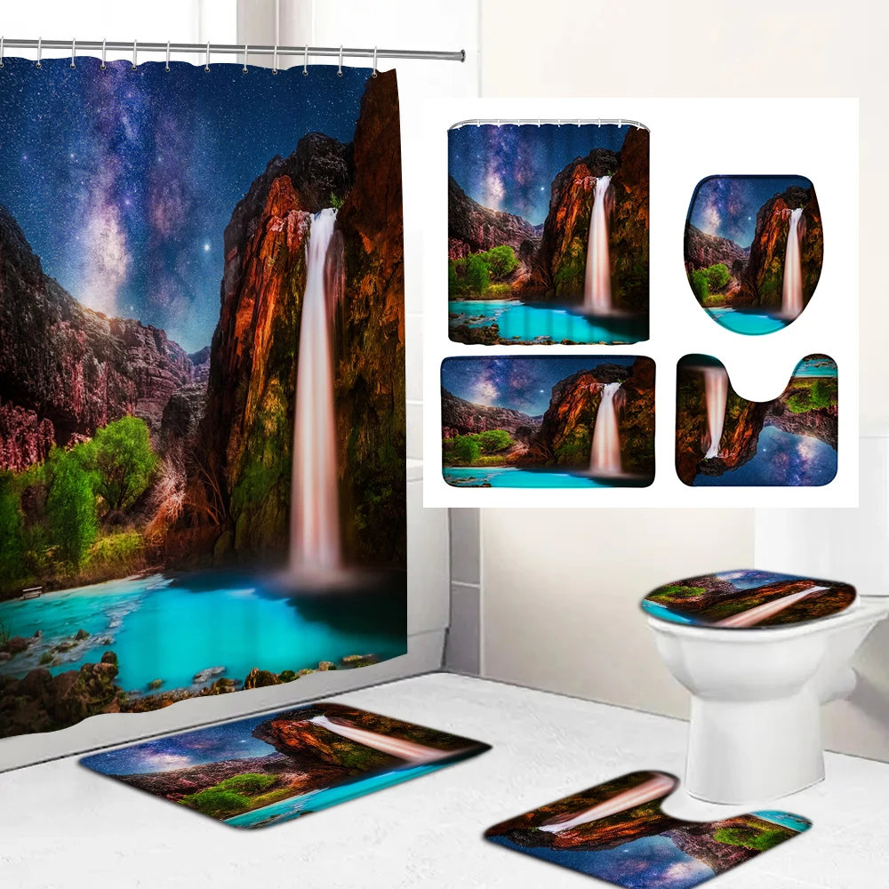 

Bathroom Decor Star Falls Forest Waterproof Shower Curtain Set Toilet Cover Non-Slip Bath Mat Rug Carpet Bathroom Accessories