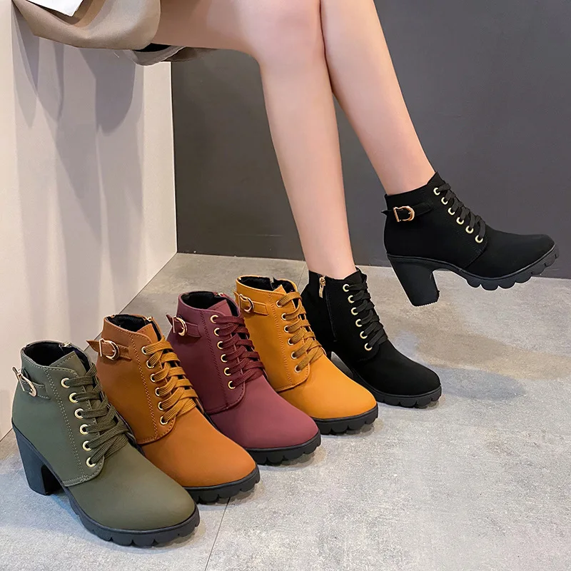 Women Boots Lace Up Ankle Boots Spring Fashion Outdoor Pumps Boots Black Buckle High Heel Boot Plus Size Platform Women Shoes