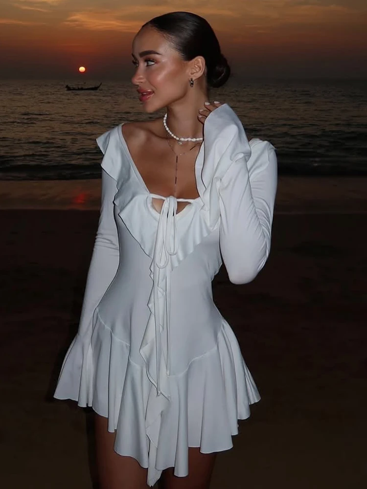 TARUXY White Deep V Neck Ruffled Dress For Women Long Flare