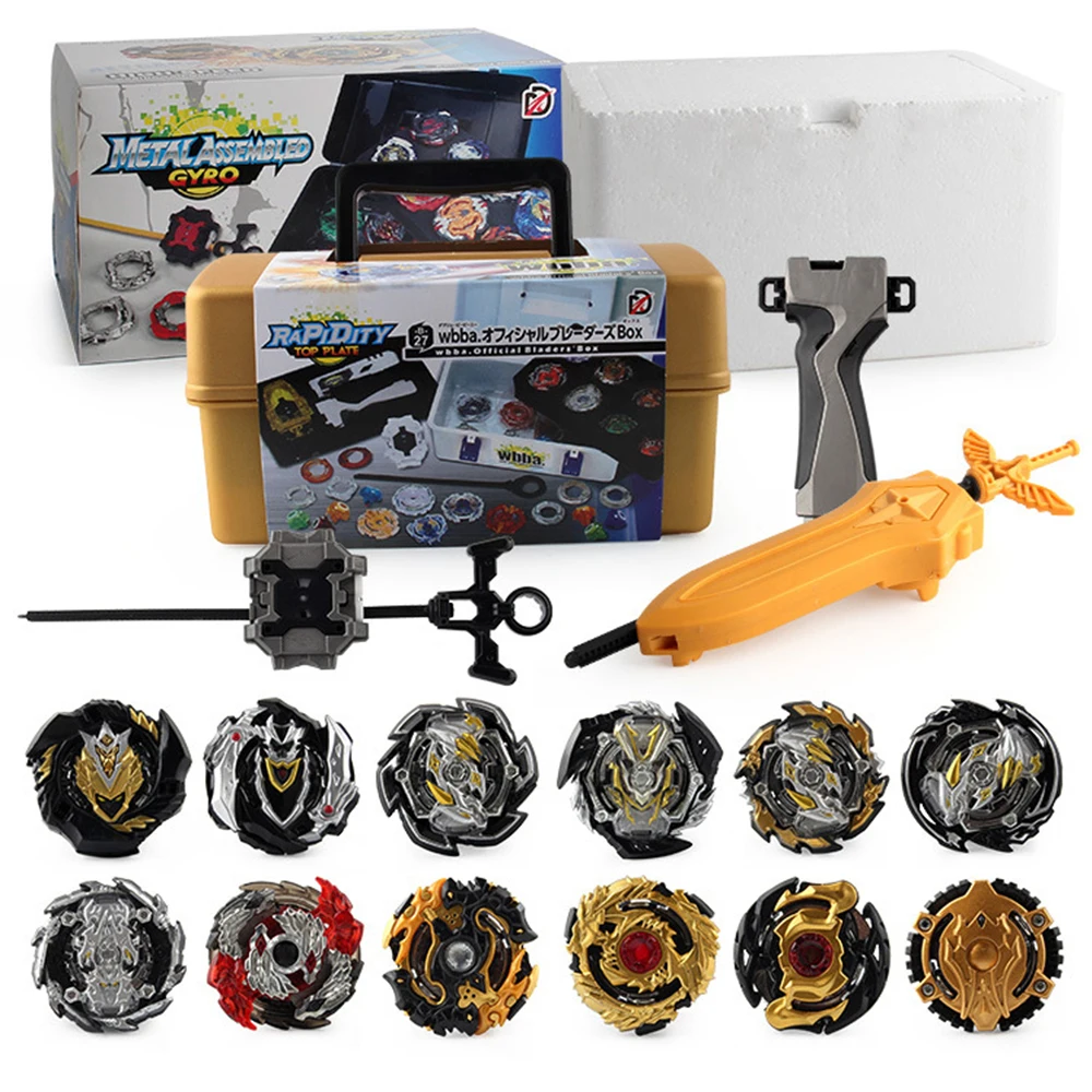 12Pcs Beyblades Burst Metal Fusion Set with Ruler Launcher and Sword Antenna in Color Box Black Gold Spinning Top Toys for Child 1