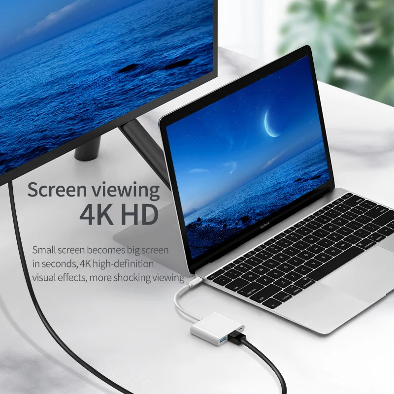 USB C to HDMI Multiport Adapter 3-in-1 Type-C Hub Thunderbolt 3 to HDMI 4K Output/USB 3.0 Port/PD 100W Quick Charging Port usb multiport adapter
