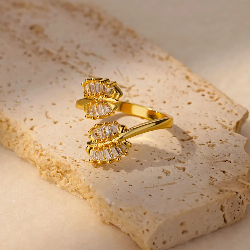 Zircon Hug Leaf Rings Women Stainless Steel for Wedding