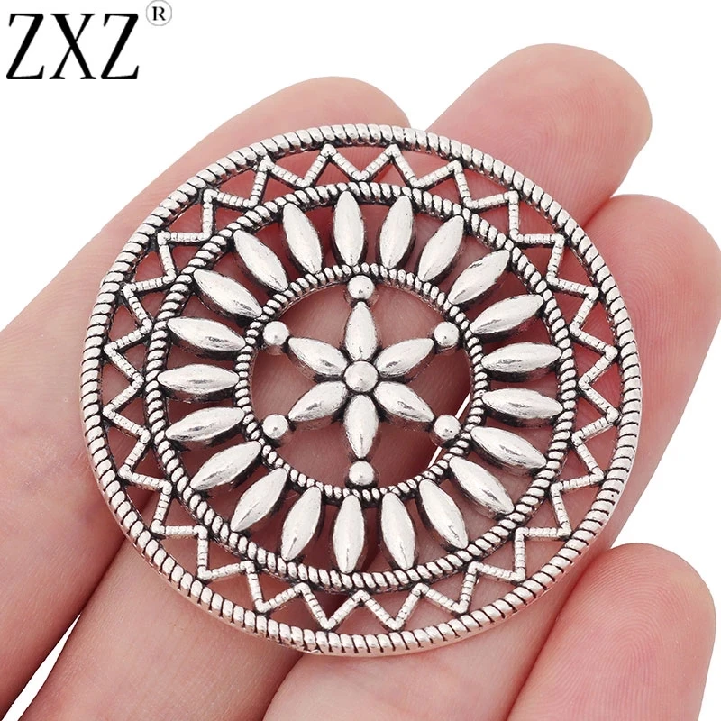 

ZXZ 5pcs Antique Silver Color Large Filigree Flower Round Circle Charms Pendants for Jewelry Making Accessories 47x47mm