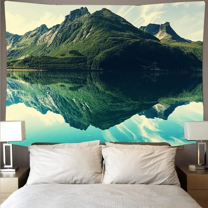 thumbnail image 1 of Tapiz de montaña, bosque, lago, paisaje natural, arte colgante de pared, manta fina de poliéster para techo, decoración del hogar, 1 of 5