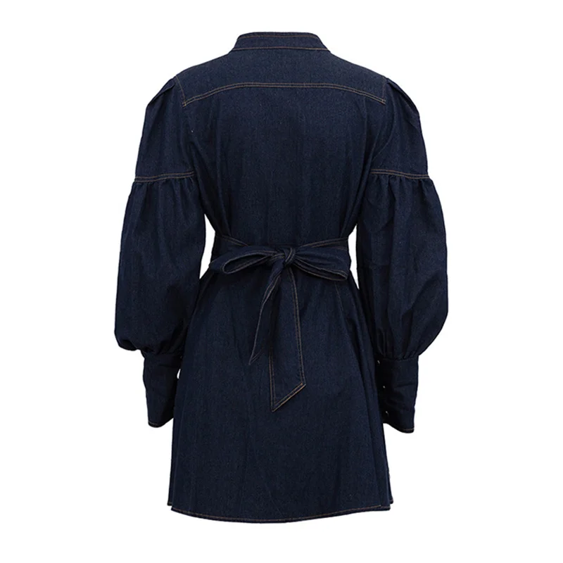 Casual Women's Denim Blue Mini Dresses O-neck Long Sleeved Cinched High Waist Lace Up Dresses 2025 Spring Lady A-line Vestidos