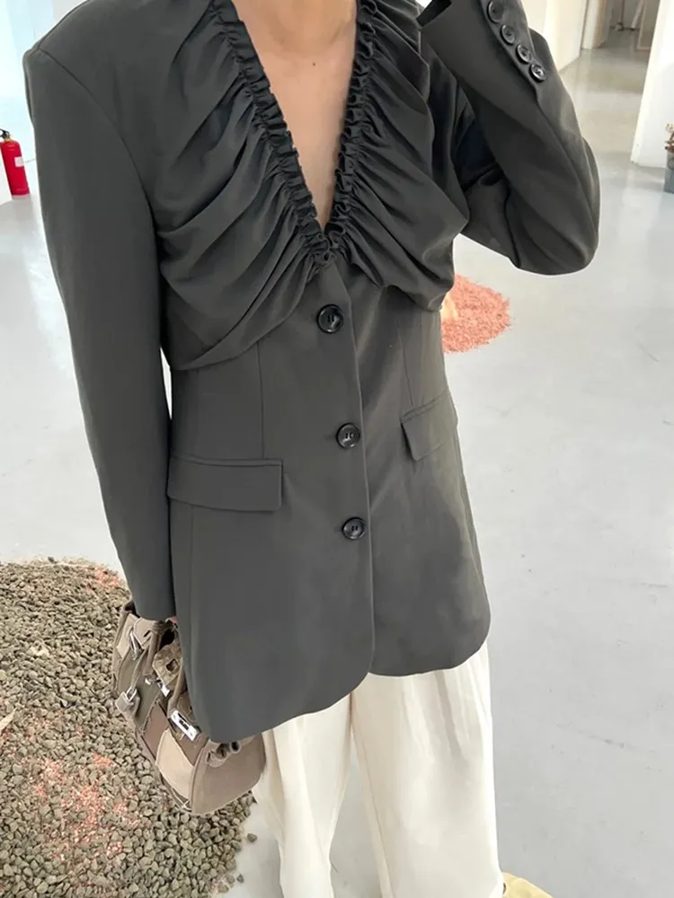 BPN Casual Solid Blazer For Women V Neck Long Sleeve Patchwork Single Breasted Minimalist Blazers Female Fashion Clothing New