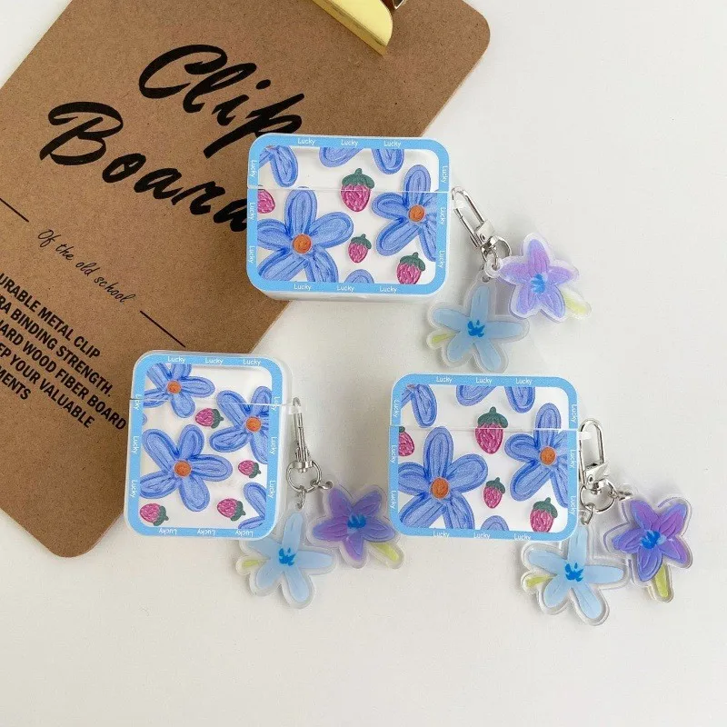 

Blue Flower Strawberry Suitable Earphone Bag Suitable for Airpods 1 2 3 Pro Silicone Material Wireless Bluetooth Protector