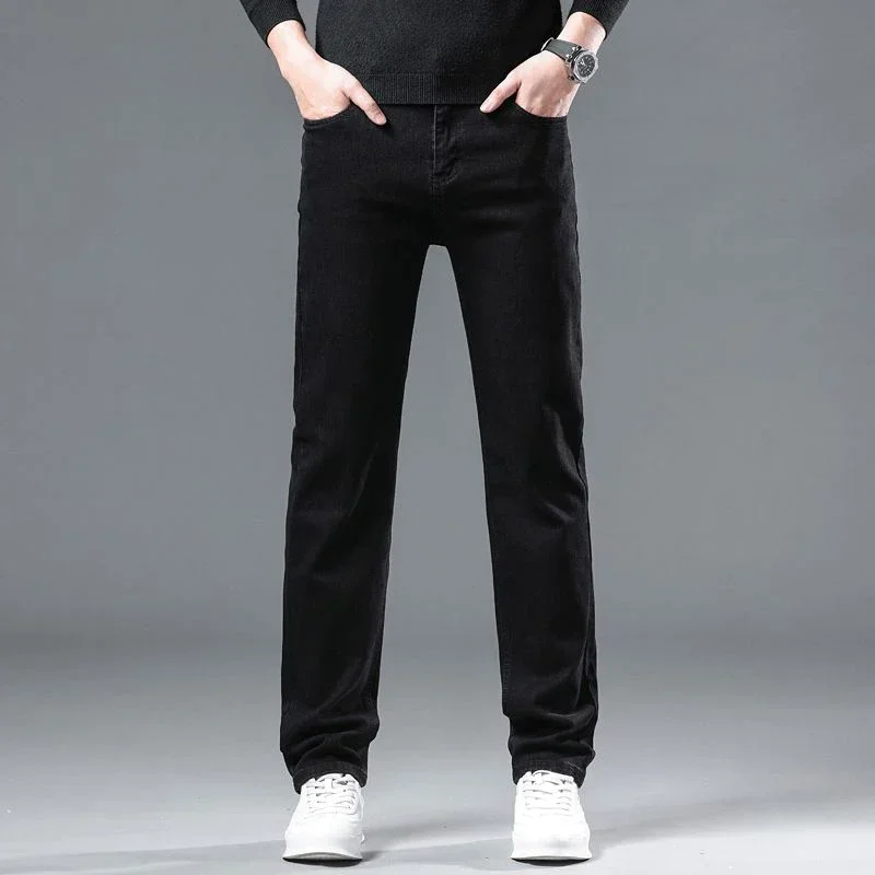 Fashion Men Straight Leg Jeans Man's Casual Black Streetwear Denim Trousers Male Cool Solid Simple Slim Fit Cheap Denim Pants 2