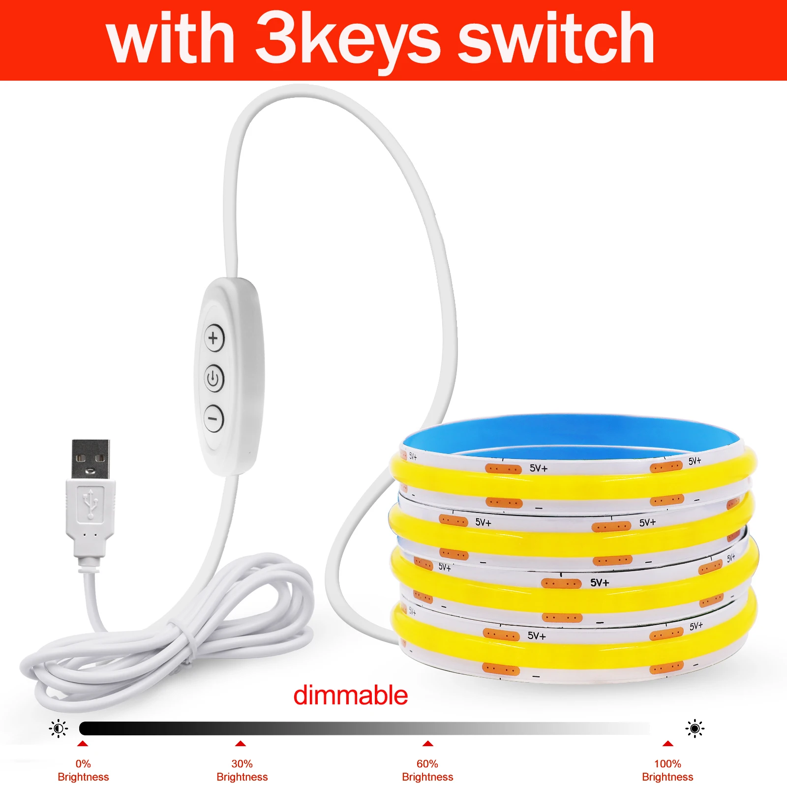 Dimmable High-Density Flexible LED Strip Light with USB and ON/OFF Switch