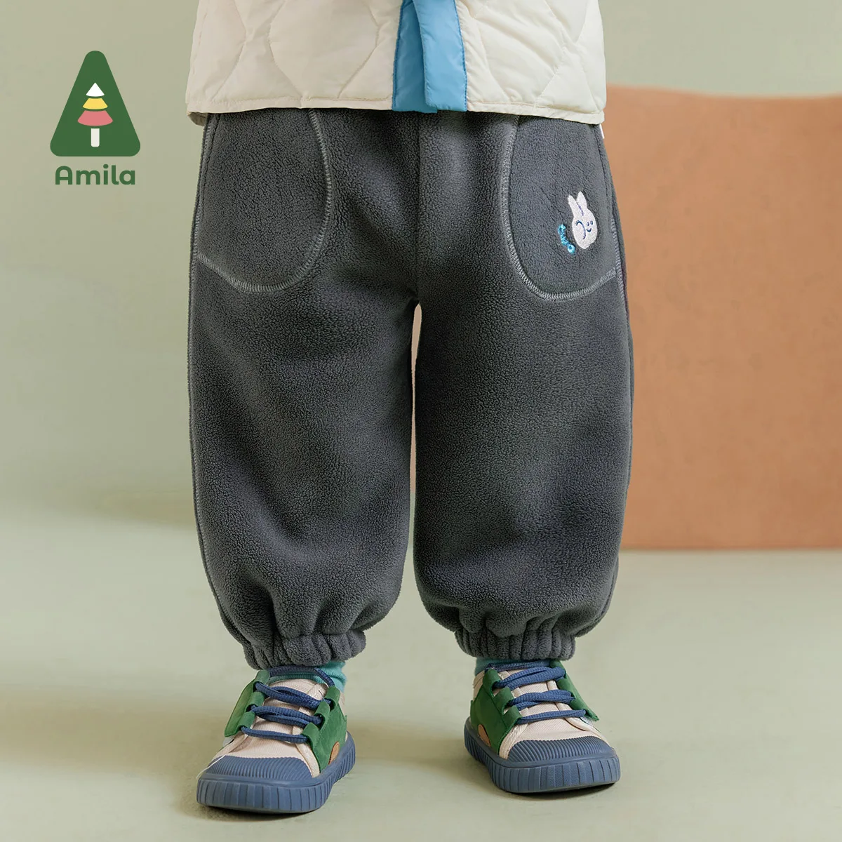 Amila Baby Children Casual Pants 2024 Winter New Multicolour Fleecing Cosy Color Blocking Warm   Baby Clothing