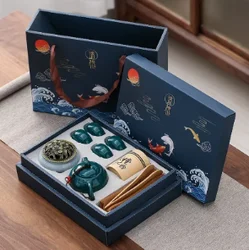 Kungfu Tea Ceremony Gift Set: Ceramic Teapot, Four Cups & Sandalwood Incense Burner Box (B1)