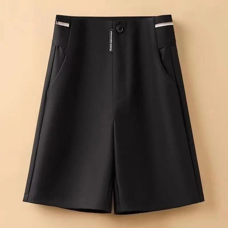 Summer New Fashion Thin Suit Shorts Women's Solid Ice Silk Zipper Button Pockets Casual High Waisted Loose Straight Split Pants
