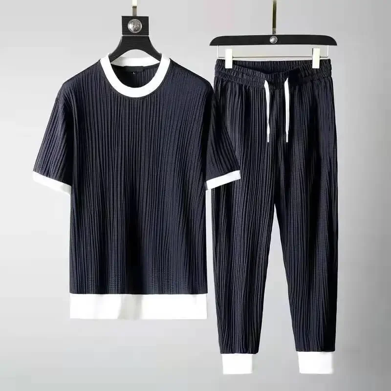 Summer Casual Suit Men's 2025 New Round Neck Elastic Breathable Pleated Short-sleeved Nine-point Pants Thin One Set S1afb4780df4d495bbdd77daa3969fe2ds