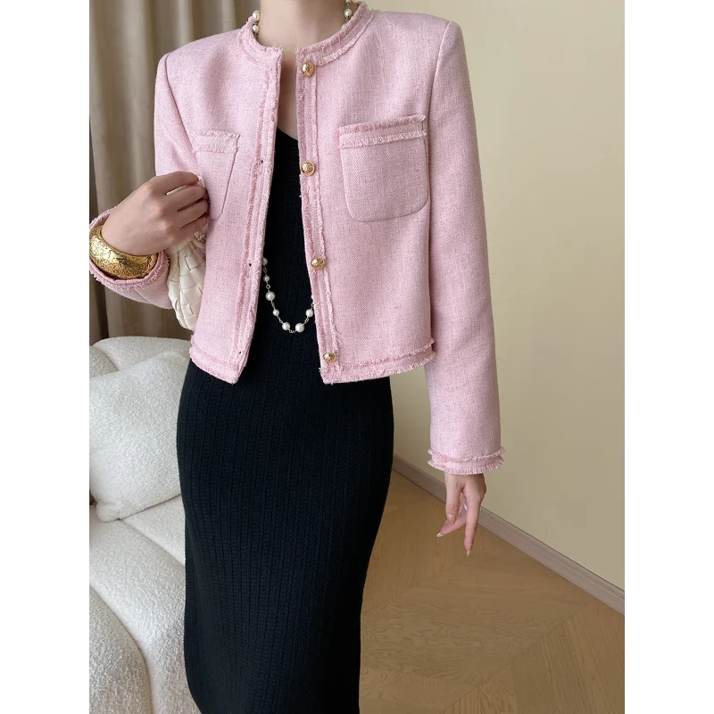 Simple Casual Classic Autumn Pink Short Coat Women Round Neck Tassel Korea Chic White Black Tweed Elegant Female Jackets 1546