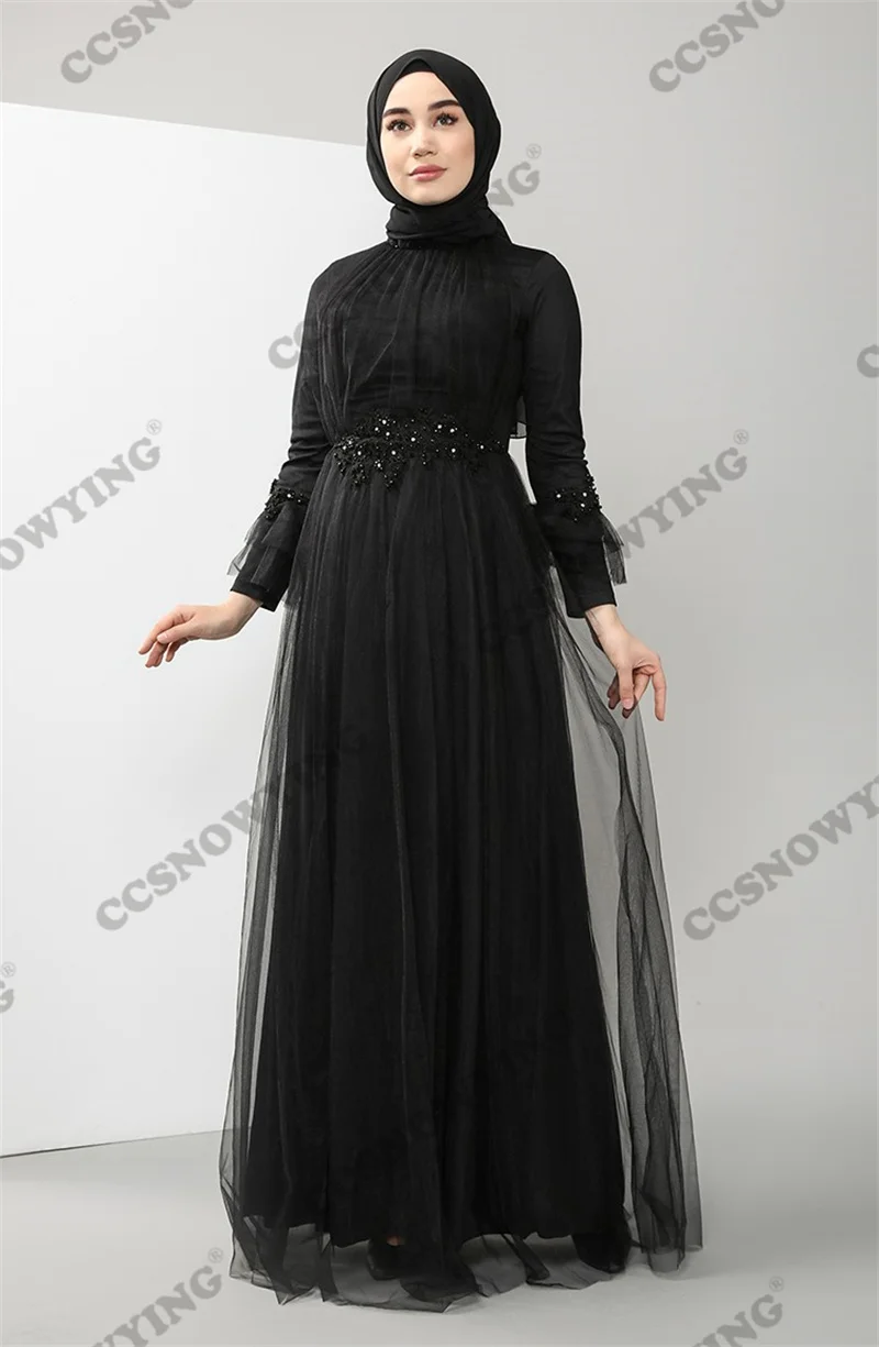 

Tulle Appliques Hijab Muslim Evening Dress Long Sleeve High Neck Islamic Formal Party Gowns Women Arabic Dubai Moroccan Caftan