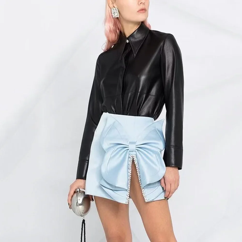 2024 Novo Verao Feminino Sexy Diamante-Cravejado Cetim Mini Saia Moda Bowknot Casual Clube Festa Saia Y2K Gonna Gonna Midi