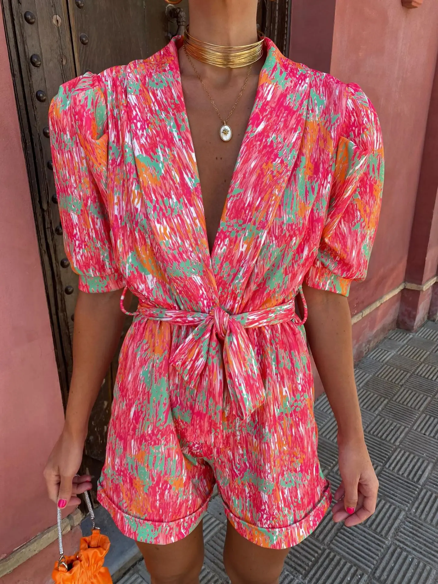 Summer Bodycon Jumpsuit for Women 2023 Sexy V Neck Short Sleeve Print Belt Elastic Waist Pocket Shorts Rompers Outfits Bodysuit