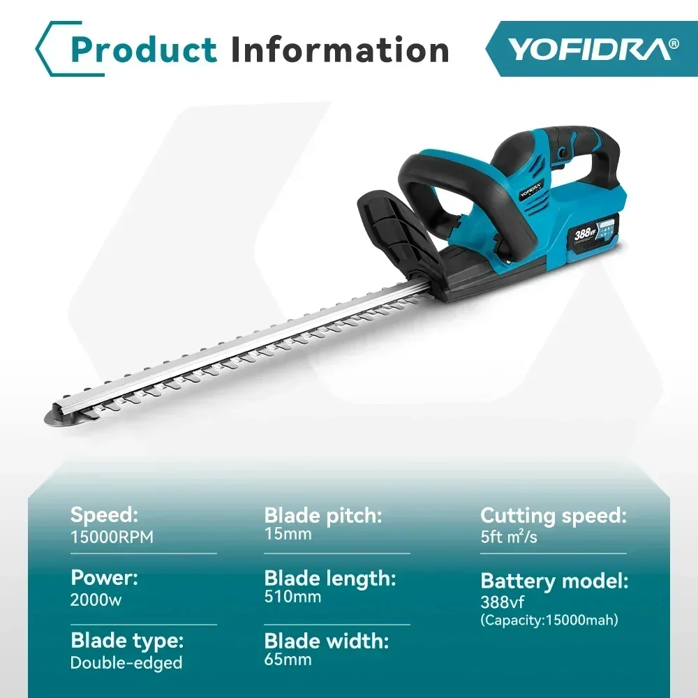 YOFIDRA 2000W Electric Hedge Trimmer 15000 RPM Lawn Mower Garden Landscaping Hedge Pruner Trimmer Tool For Makita 18V Battery 5