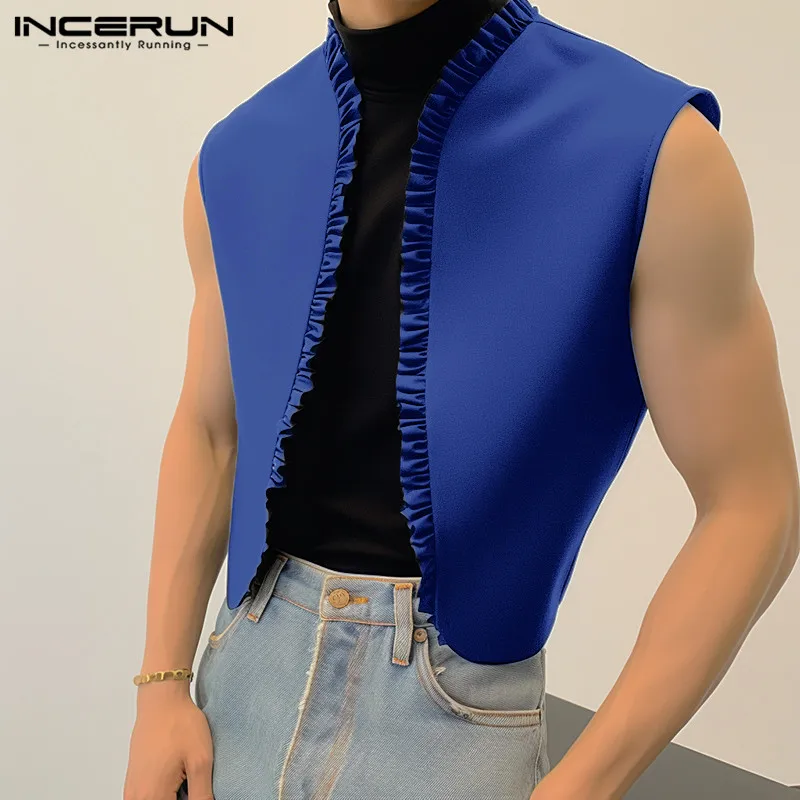 

INCERUN Tops 2024 Handsome New Men Ruffled Edge Patchwork Design Vests Casual Streetwear Solid Loose Sleeveless Waistcoats S-5XL