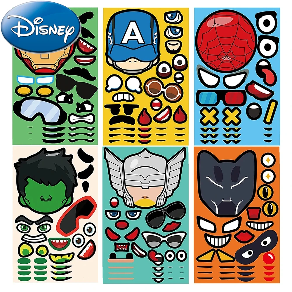

6/12sheets Disney Cool Cartoon Superhero Puzzle Stickers Make a Face Sticker Kid Assembly Jigsaw Education Decals Toy Party Gift