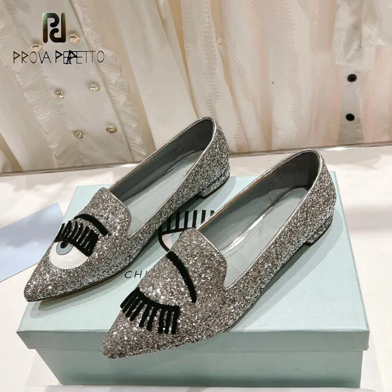 

Sequins Ladies Flat Lips and Eyes Shoes Slip on Flat Mules High Quality Designer Pointed Toe Lazy Mules Shoes Sapatos Mujer