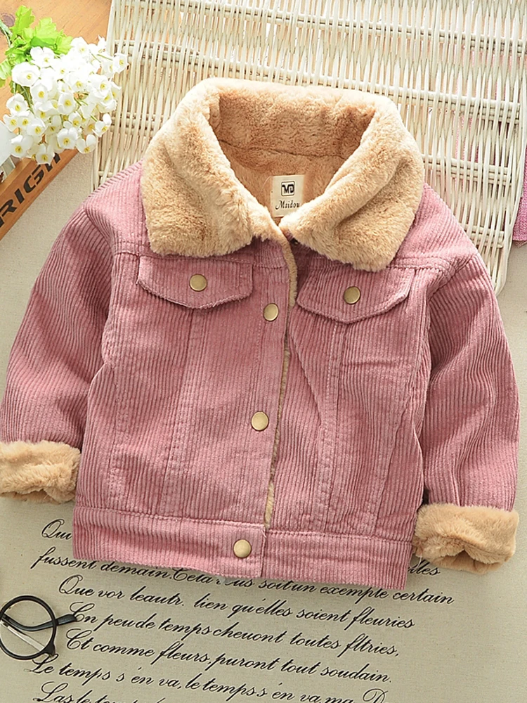 Corduroy Plush Jacket New Autumn/Winter Boys Girls Thickening Single Breasted Cotton Top Casual Fashion Warm Baby's Coat