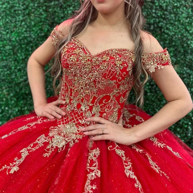 ANGELSBRIDEP Red Gold Applique Lace Beading Quinceanera Dress Ball Gown Puffy Tulle Off the Shoulder Sweet 16 Dress Vestidos 15