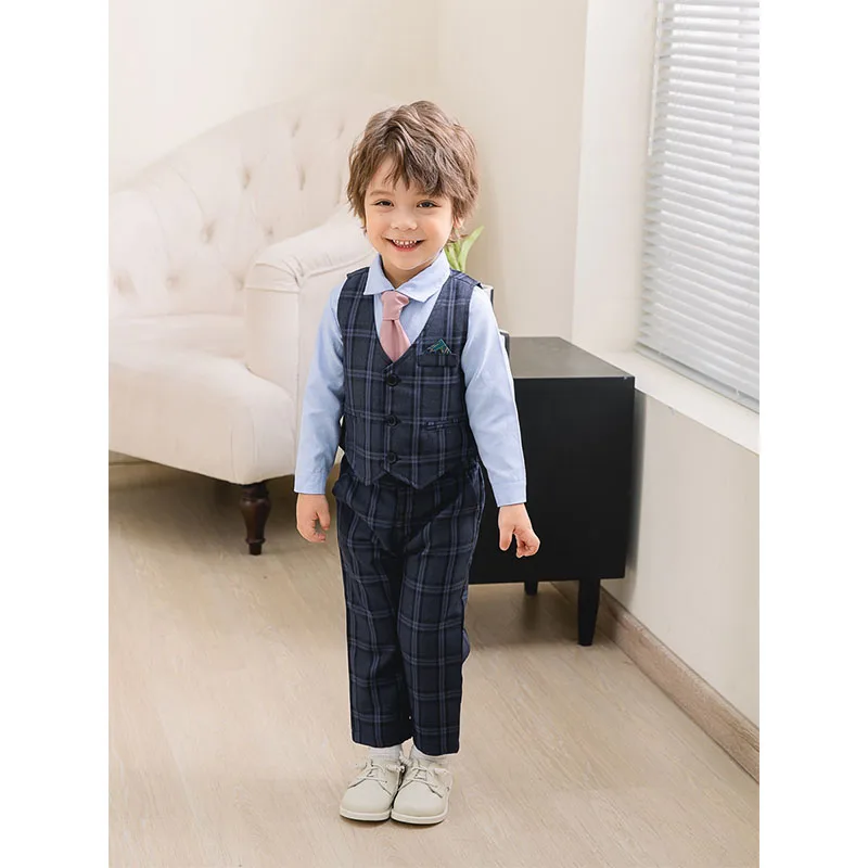 

Baby Boys British Style Fashion Children's Handsome Gentlemen Suit Bow Tie + Shirt + Plaid Vest + Trousers 4PCS