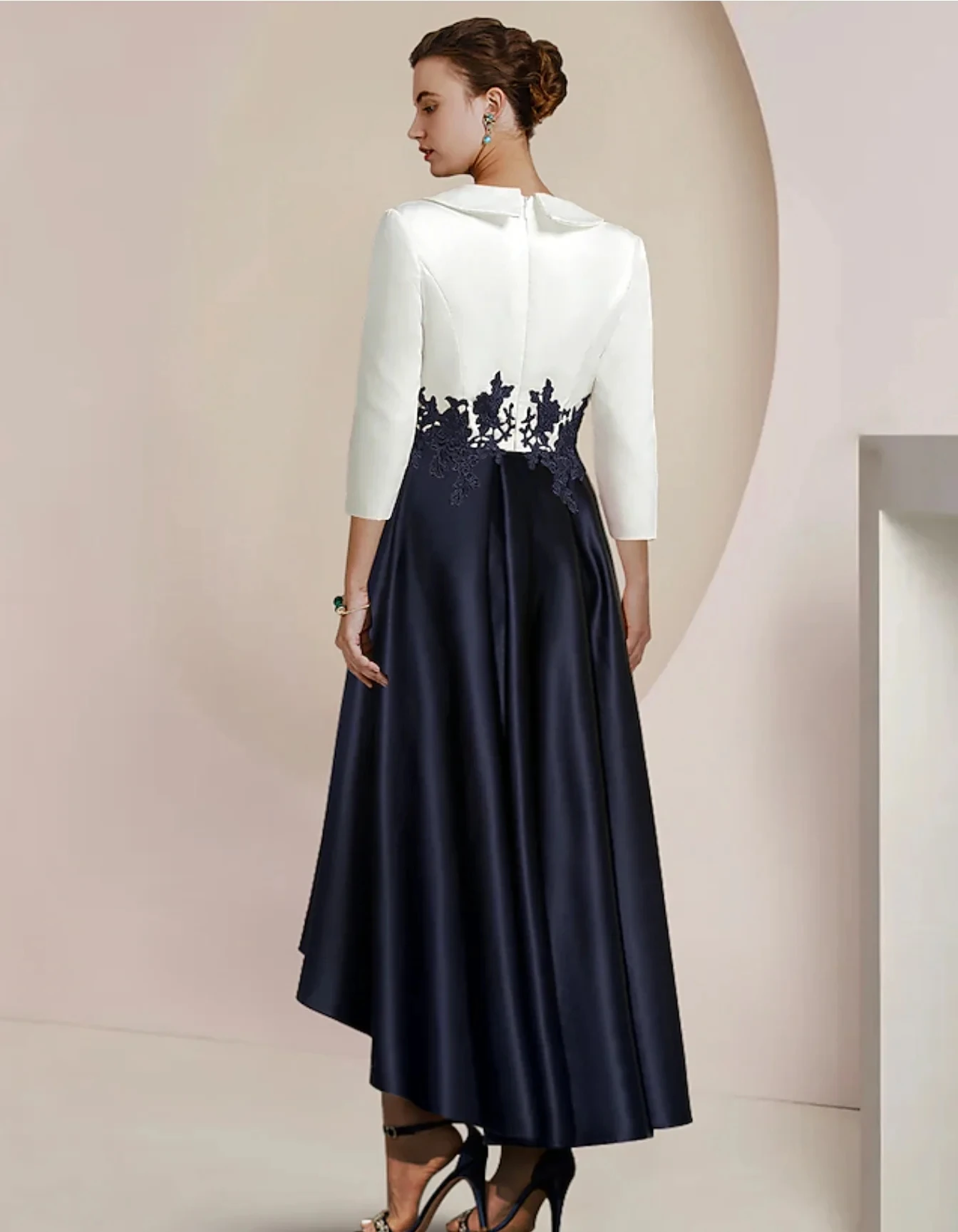 Asymmetrical V-Neck 3/4 Length Sleeve Mother of the Bride Dress A-Line Satin Ball Gown