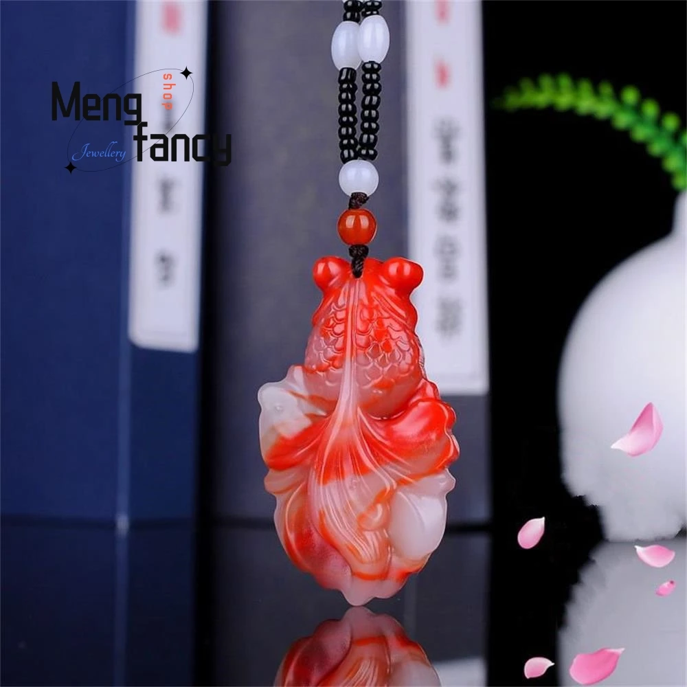 Natural Hetian Colourful Jade Floating Flower Goldfish Koi Pendant Jewelry Handicraft Holiday Gift