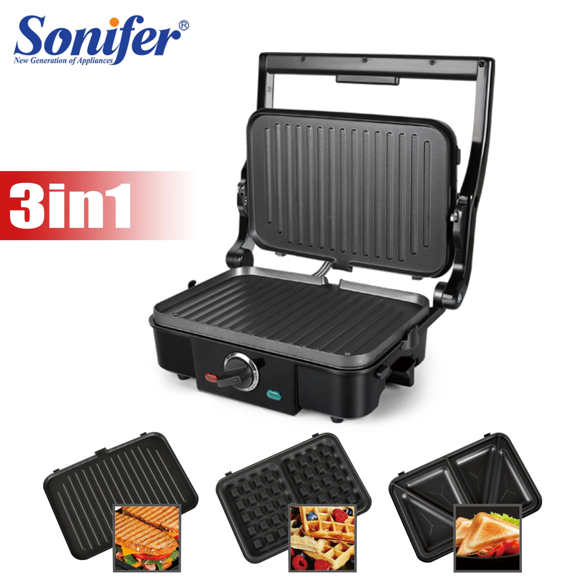 3 In 1 BBQ Electric Contact Grill Waffle Maker Griddle And Press