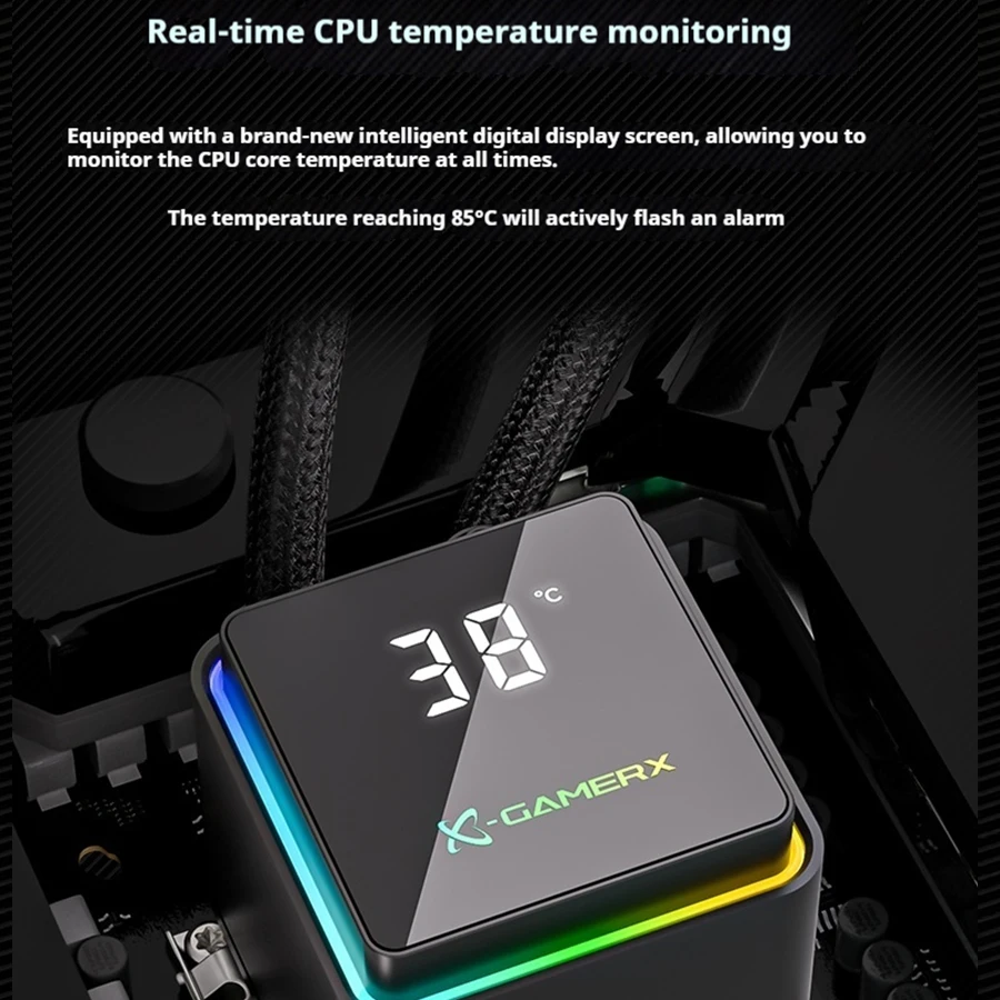 X-GAMERX POWER TRAIN M240 Water Cooler 240mm Global ARGB Light Effects 360° Magnetic Cover Digital Display Screen AIO CPU Cooler - Image 4