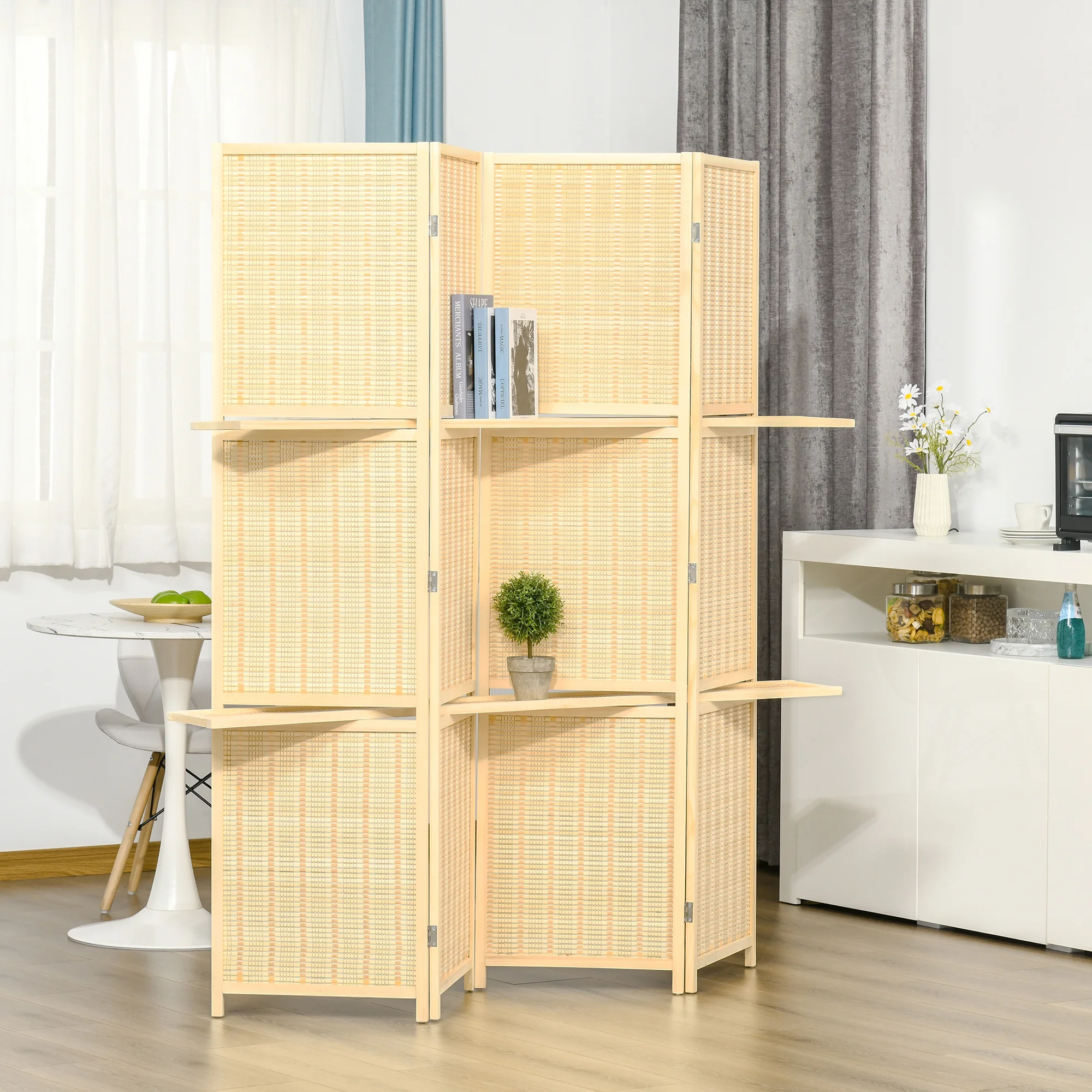 6' Folding Privacy Screen Indoor Room Divider w/ 2 Open Display Shelves, Natural 2