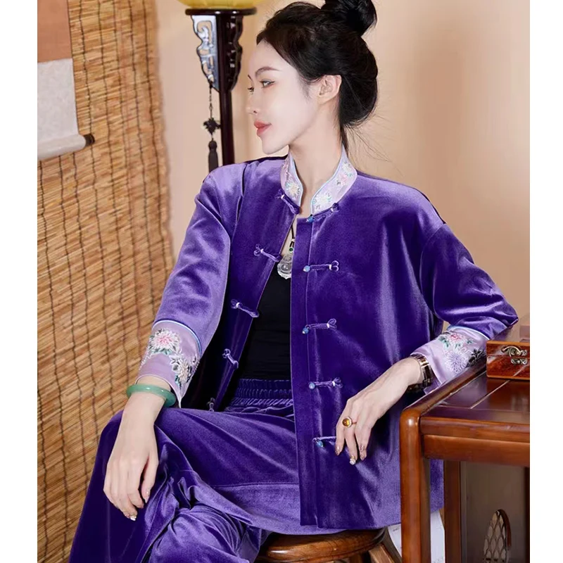 

Autumn New Chinese Style Women's Purple Velvet Coat Vintage Chinese Style Embroidered Standing Collar Long Sleeve Jacket S-XXL