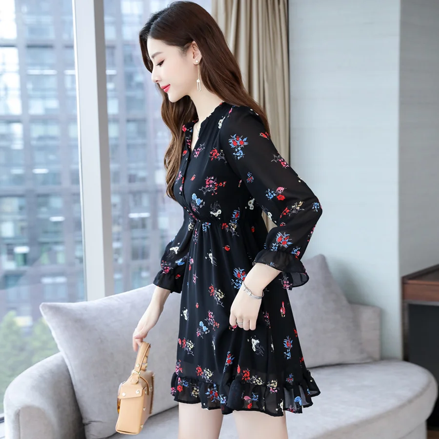 UGUEST - Vestido Corto De Manga Larga Con Cuello En V Para Mujer, Con Diseño Floral Y Cinturón, Para Fiestas Cóctel, Vestido De Invitada De Boda