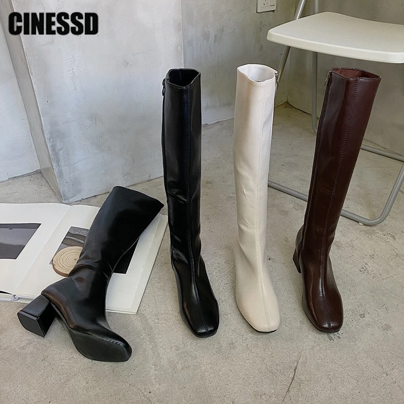 

Женские Современные Сапоги до колена с квадратным носком, женские модные длинные сапоги на толстом каблуке, новинка 2023, женская обувь, туфли-лодочки на молнии, платье В рыцарском стиле