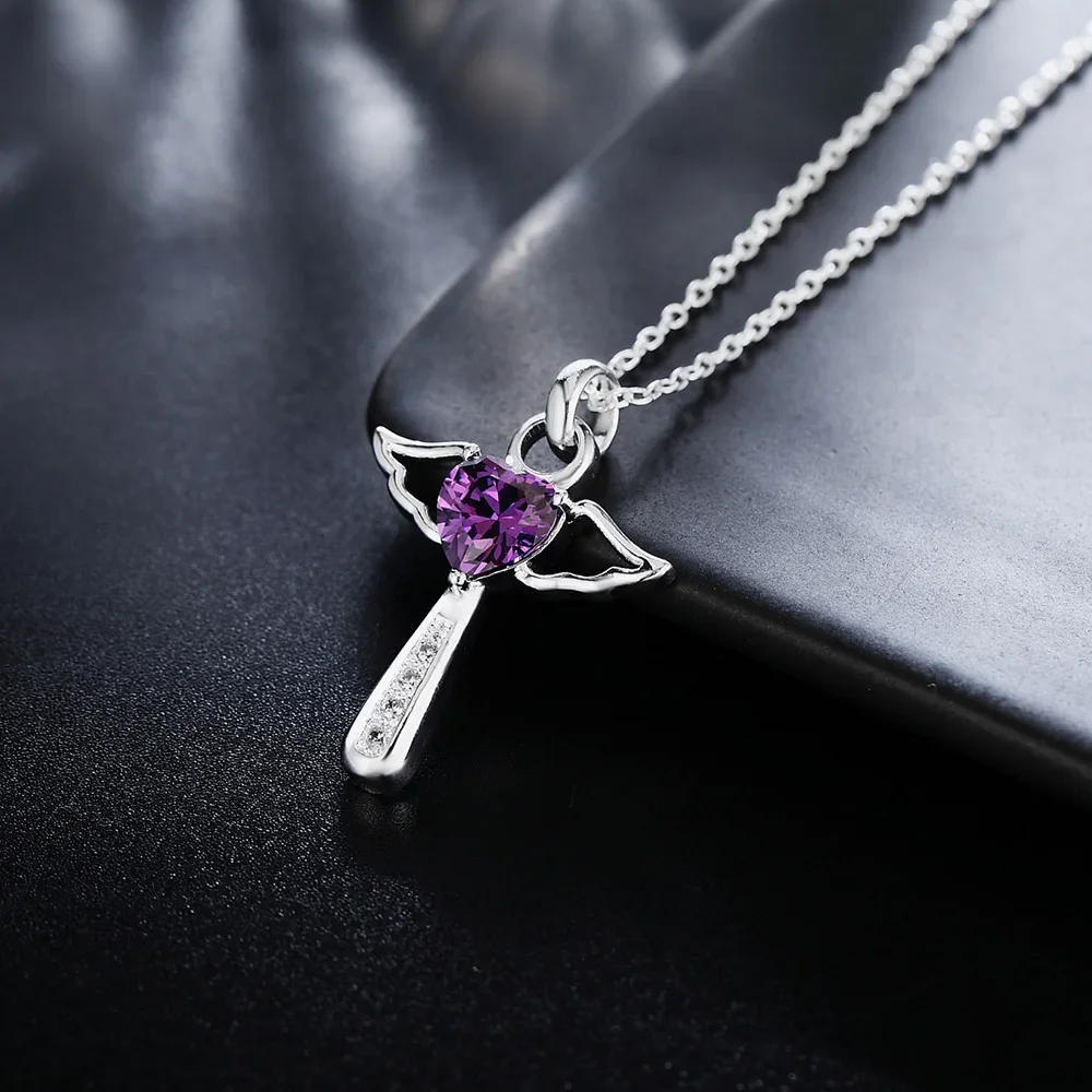 Silver Pendant Necklace 45cm 925 Sterling Silver angel fine crystal cross pendants Necklace For Women