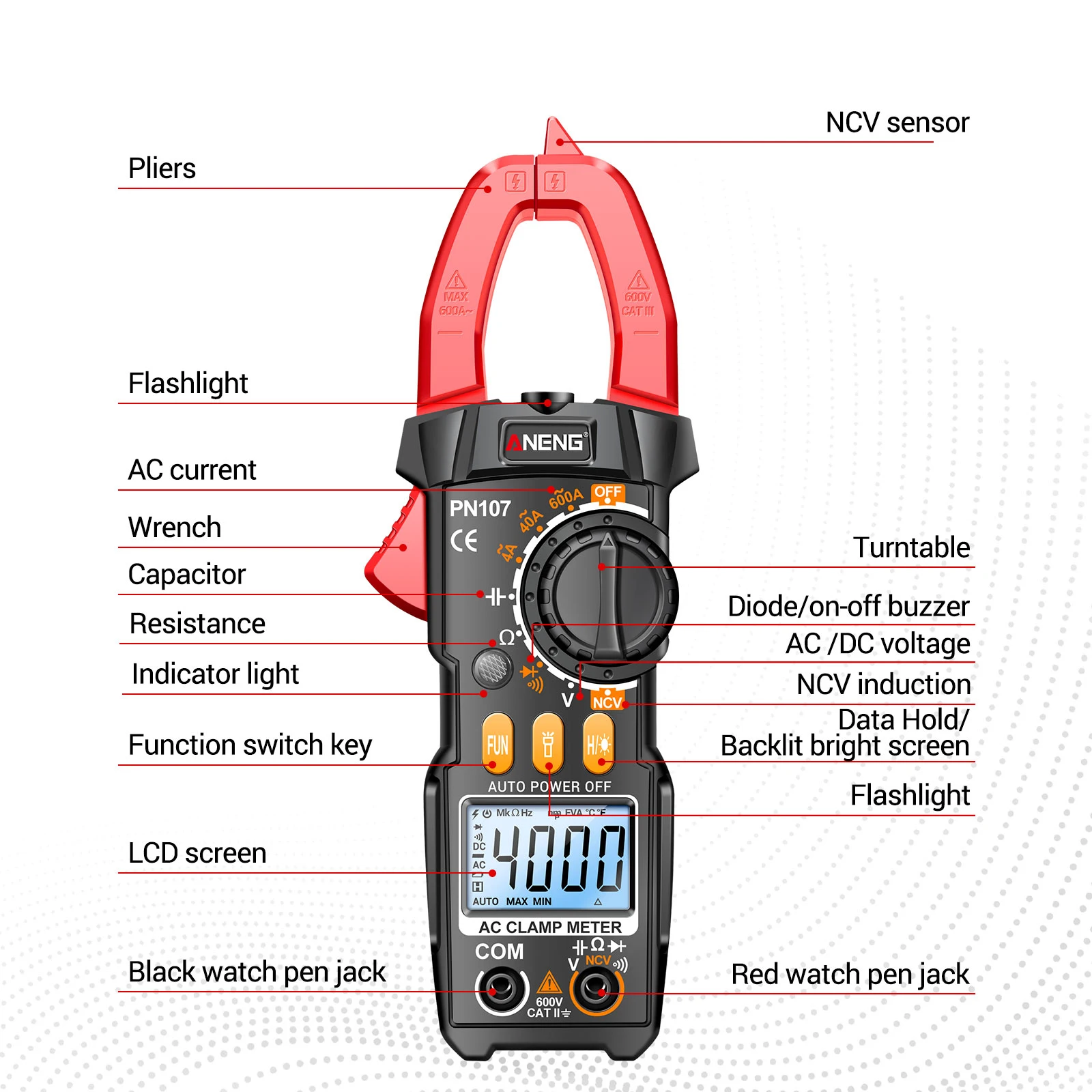 ANENG  Ŭ 跮 CAT II 600V AC  Ƽ ׽, 4000 īƮ,   ׽,  , PN107