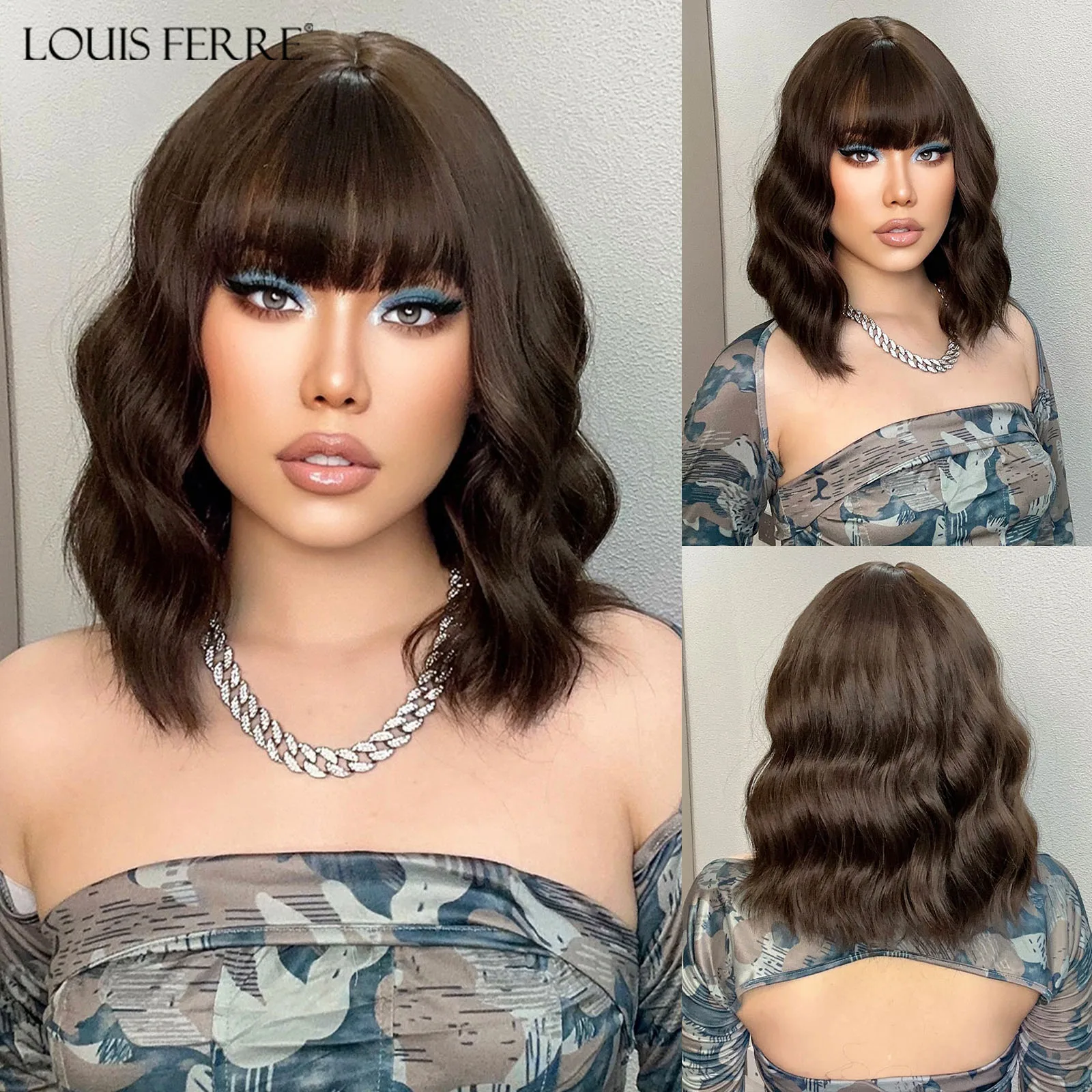 

LOUIS FERRE Short Black Brown Wavy Synthetic Wigs for Women Natural Wave Bob Wigs With Bangs Lolita Cosplay Heat Resistant Wig