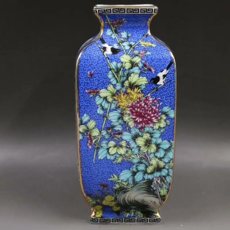 

Chinese Enamel Porcelain Gilt Edge Flower Bird Design Four Sides Vase 9.92 inch