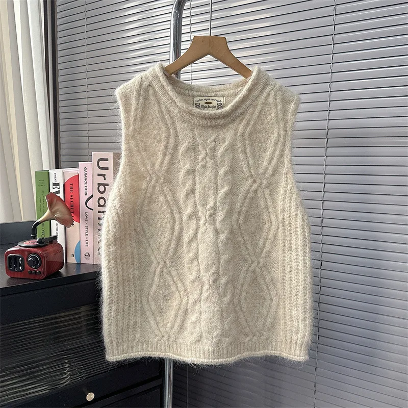 

Женский свитер без рукавов, белый Повседневный джемпер с круглым вырезом в стиле ретро, весенняя одежда, топы, жилетка оверсайз