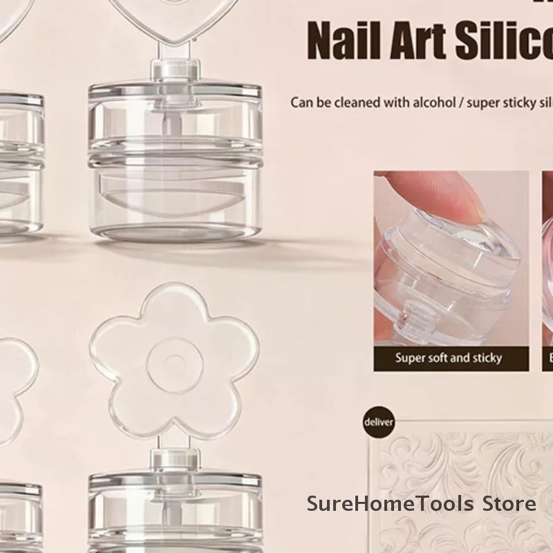 Transparent Jelly Silicone Nail Stamper Set - Heart Flower Shaped Head + Scraper, French Nail Printing Tool for DIY Manicure