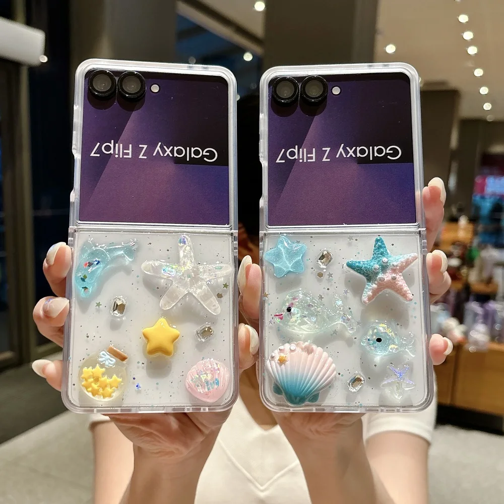 Glitter Transparent Epoxy Phone Case with 3D Sea Star Design and Chain - Shockproof Protective Back Cover