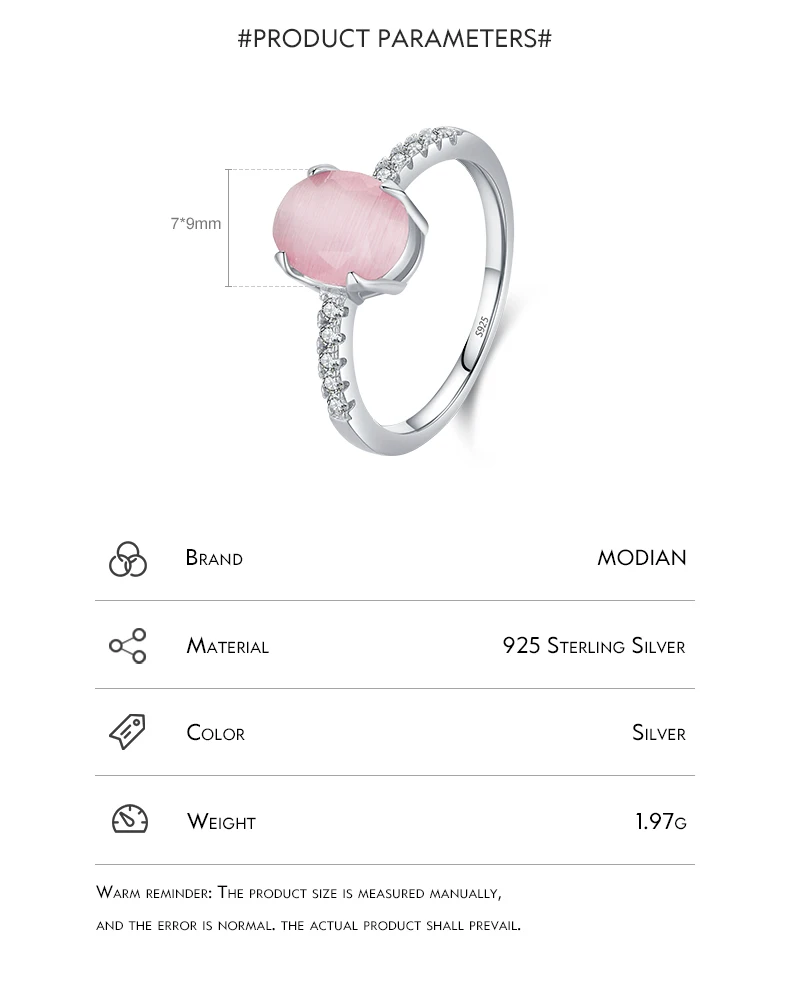 Modian 925 Sterling Silver Romantic Pink Oval Opal Finger Ring For Women Girls Charm Party Platinum Plated Fine Jewelry Gifts