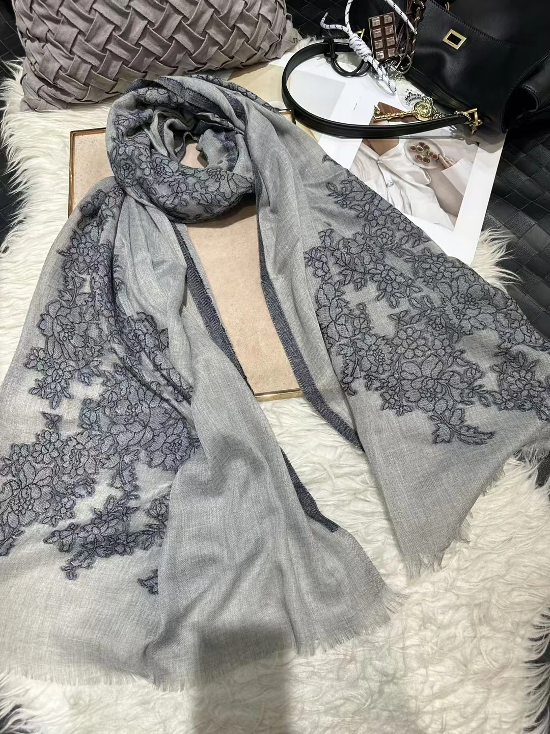 Elegant Winter Pashmina Scarf Wrap with Embroidered Design - Multiple Color Options