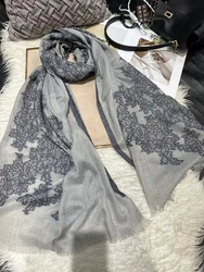 Elegant Winter Pashmina Scarf Wrap with Embroidered Design - Multiple Color Options (Black grey)