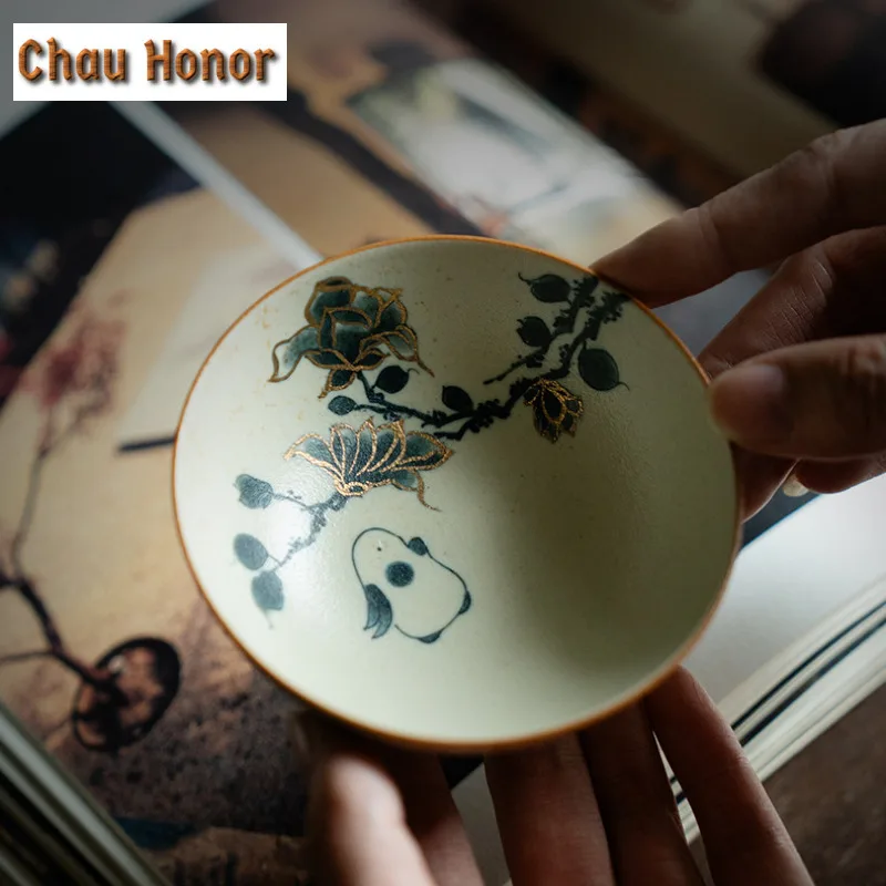 100ml Boutique Blue And White Flint Red Teacup Handmade Gold Drawing Cute Rabbit Master Cup Large Puer Tea Bowl Meditation Cup