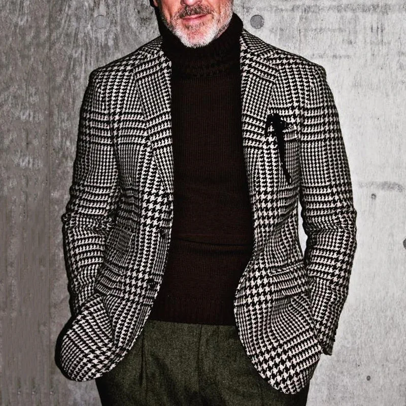 

Men's Suit Blazer White Black Houndstooth Tailored Collar Long Sleeve Single Breasted Formal Bussiness Wedding Grooms Jacket