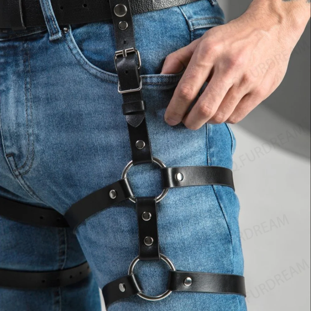 Sexy Leather Leg Harness Man Punk Style Thigh Harness Fetish Bondage Lingerie Waist To Leg Rave Festival Clothes Accessories leather chest harness