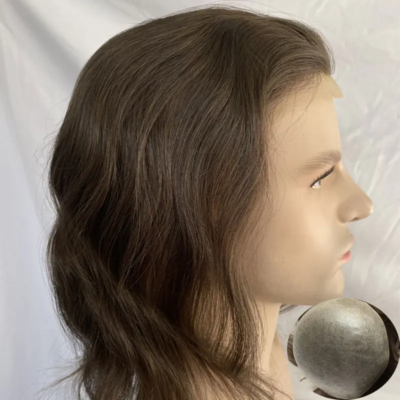 12inch Long Hair Men\'s Toupee Brazilian Human Hair Mens Wigs Thin Skin Base PU Replacement Mens Toupee 10×8 Hair Pieces For Men